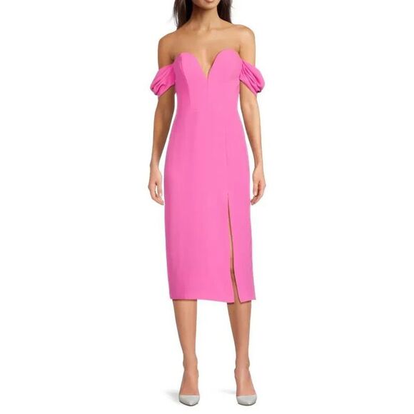 New Amanda Uprichard Victoria Off the Shoulder Midi Dress MSRP $255 Size Large - Picture 1 of 6